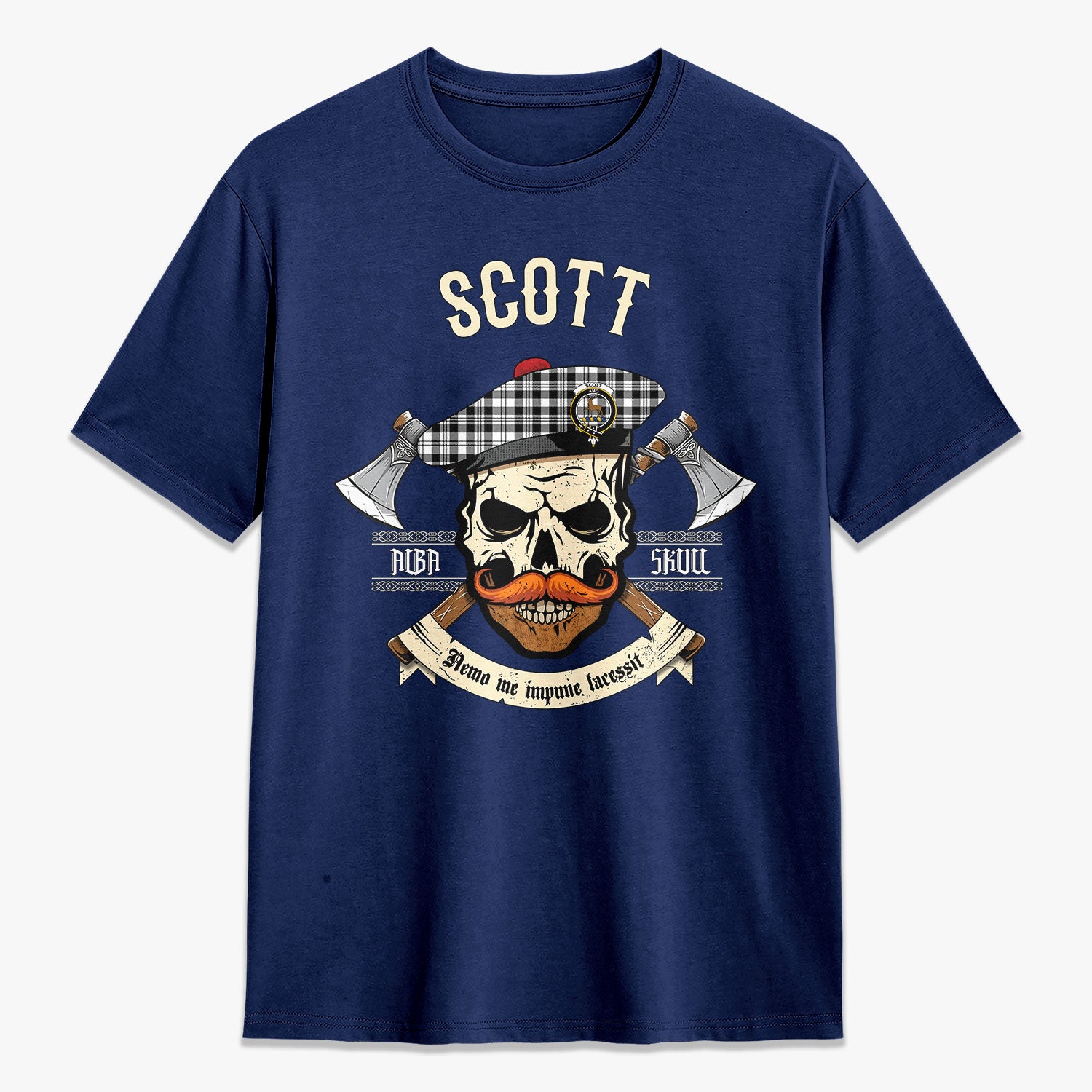 Scott Black & White Modern Tartan Crest 2D T-shirt - Alba Skull Style