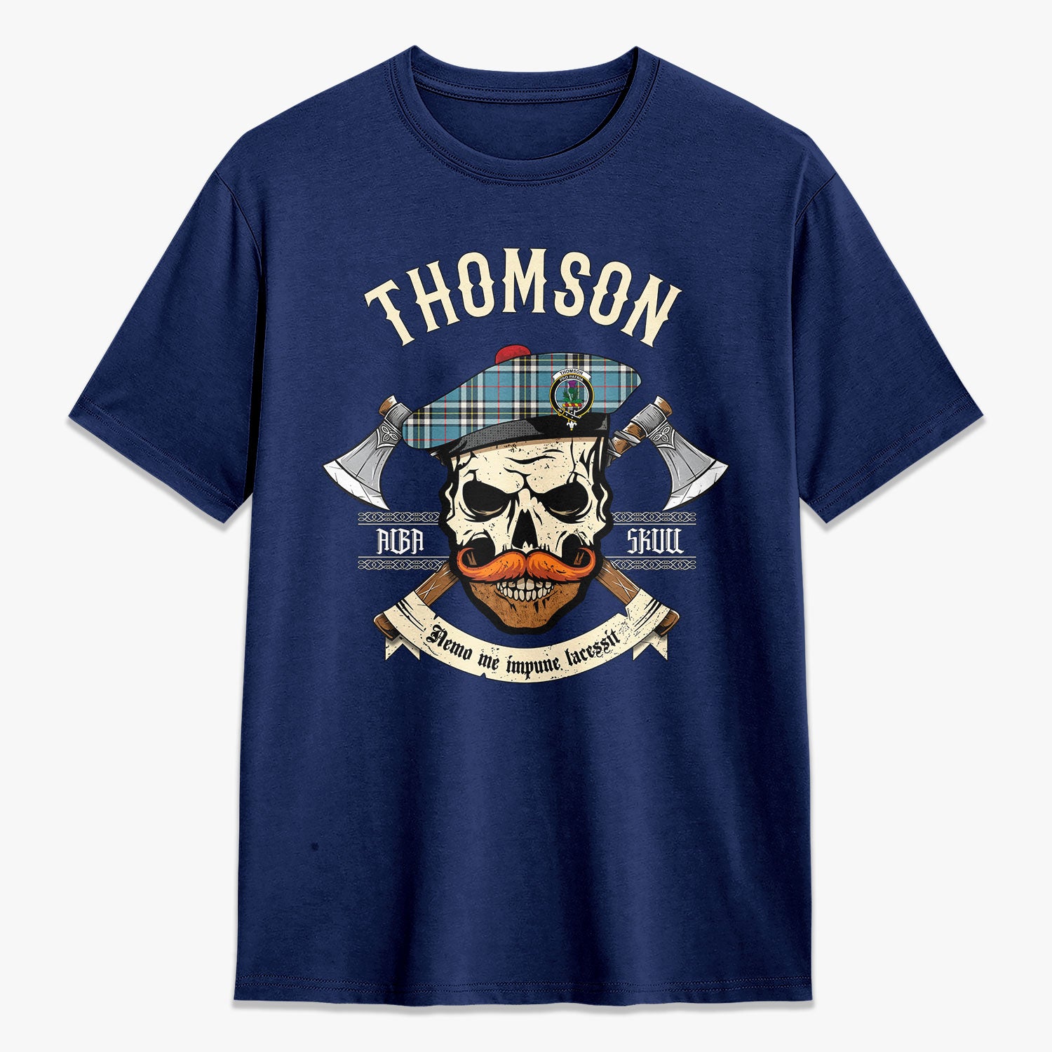 Thomson Blue Tartan Crest 2D T-shirt - Alba Skull Style