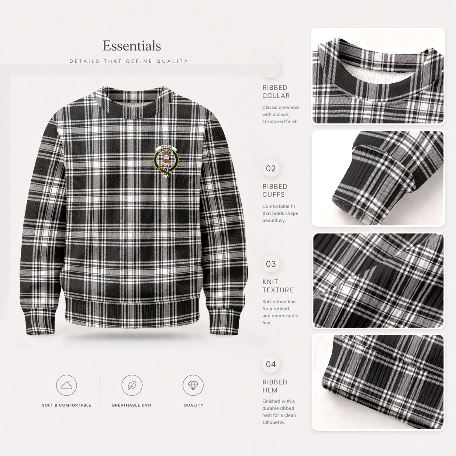 Menzies Black - White Modern Tartan Crest Sweater