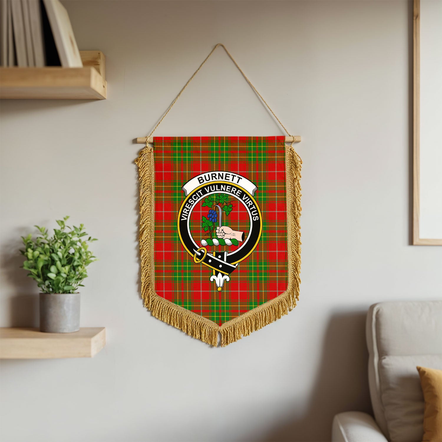 Burnett Ancient Tartan Crest Wall Hanging Banner - Wood Pole