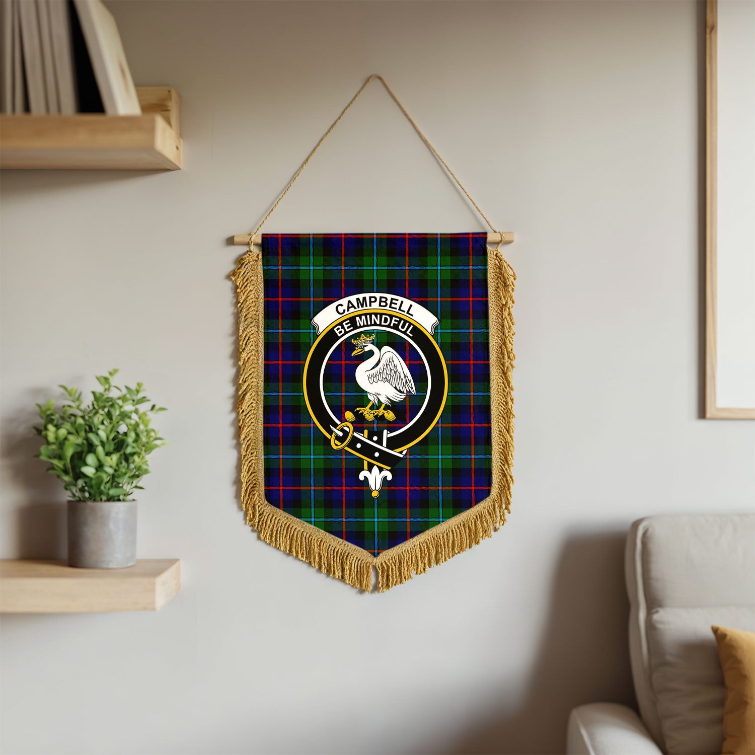 Campbell of Cawdor Modern Tartan Crest Wall Hanging Banner - Wood Pole