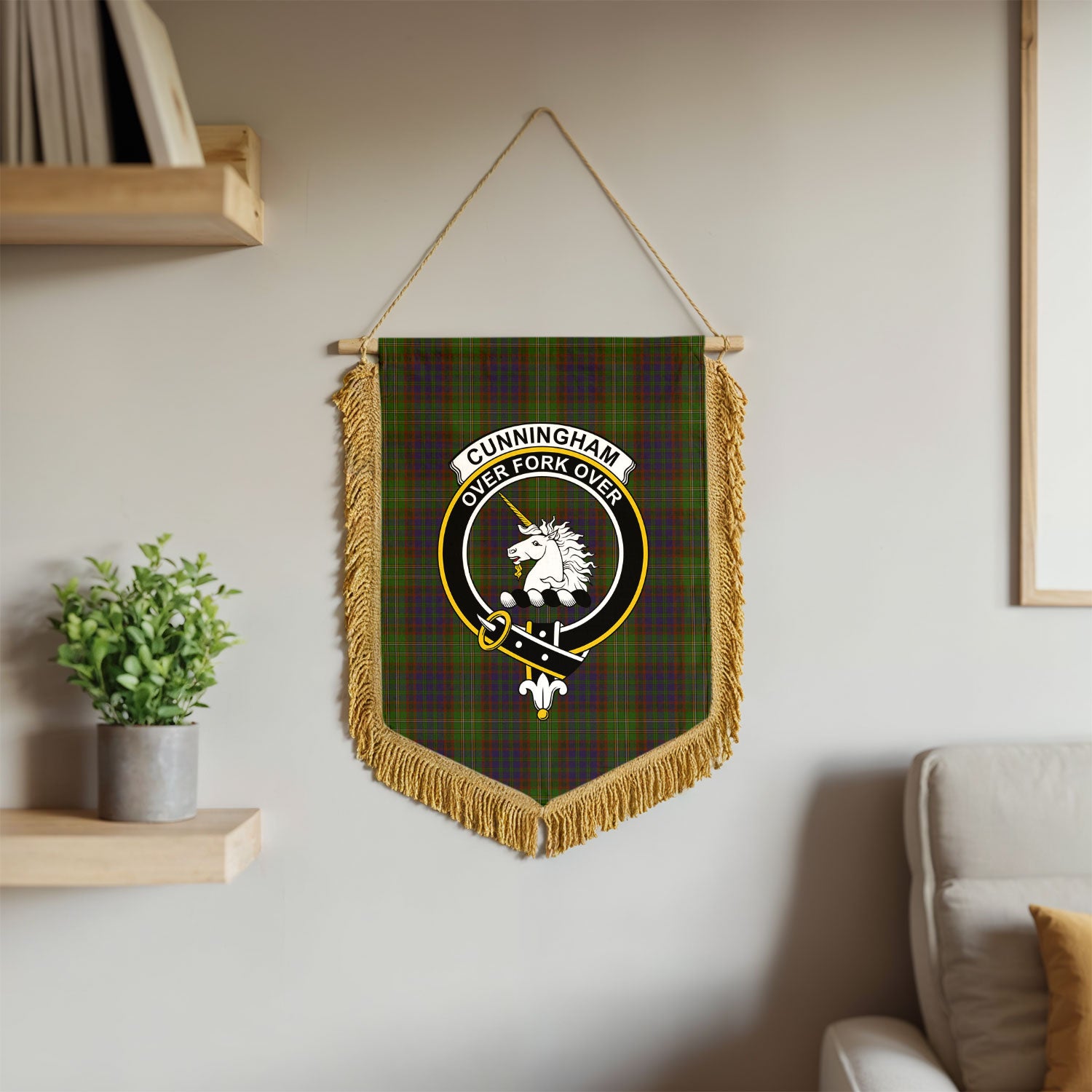 Cunningham Hunting Modern Tartan Crest Wall Hanging Banner - Wood Pole
