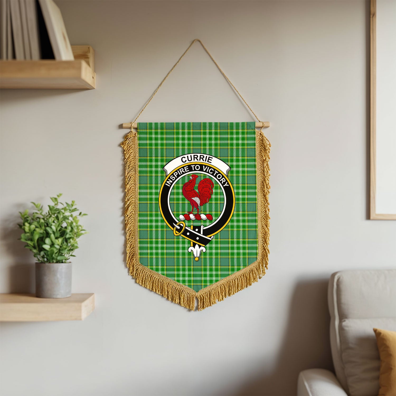 Currie Tartan Crest Wall Hanging Banner - Wood Pole