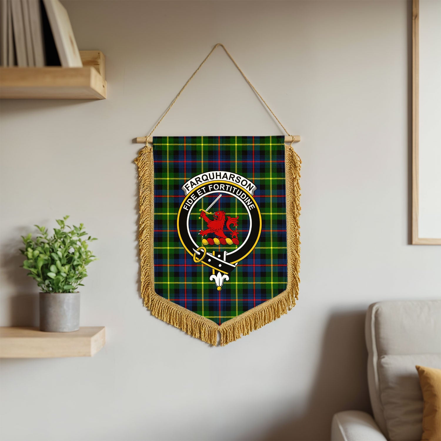Farquharson Modern Tartan Crest Wall Hanging Banner - Wood Pole