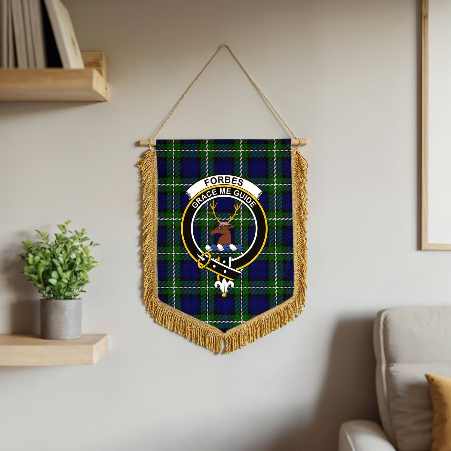 Forbes Modern Tartan Crest Wall Hanging Banner - Wood Pole