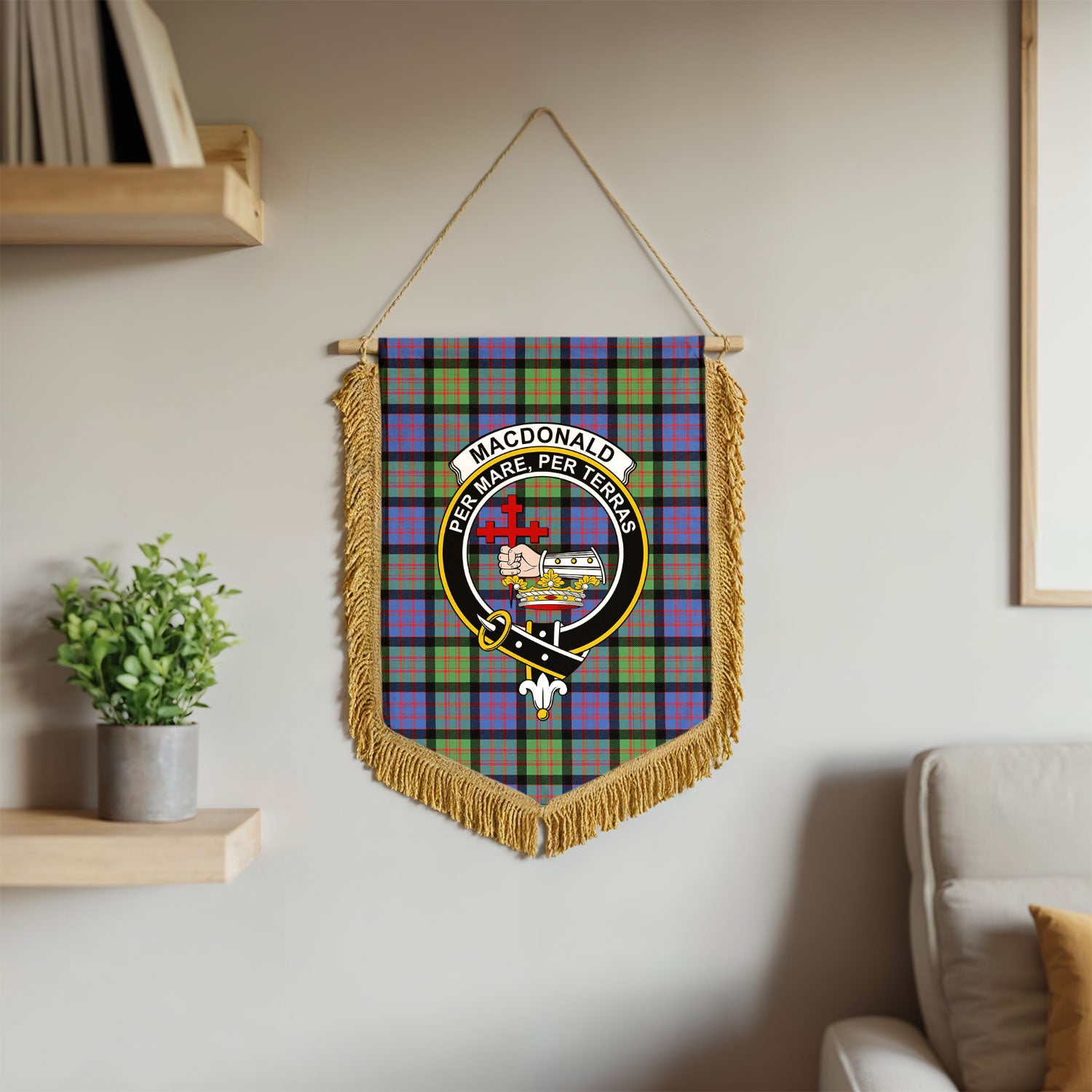 MacDonald Ancient Tartan Crest Wall Hanging Banner - Wood Pole