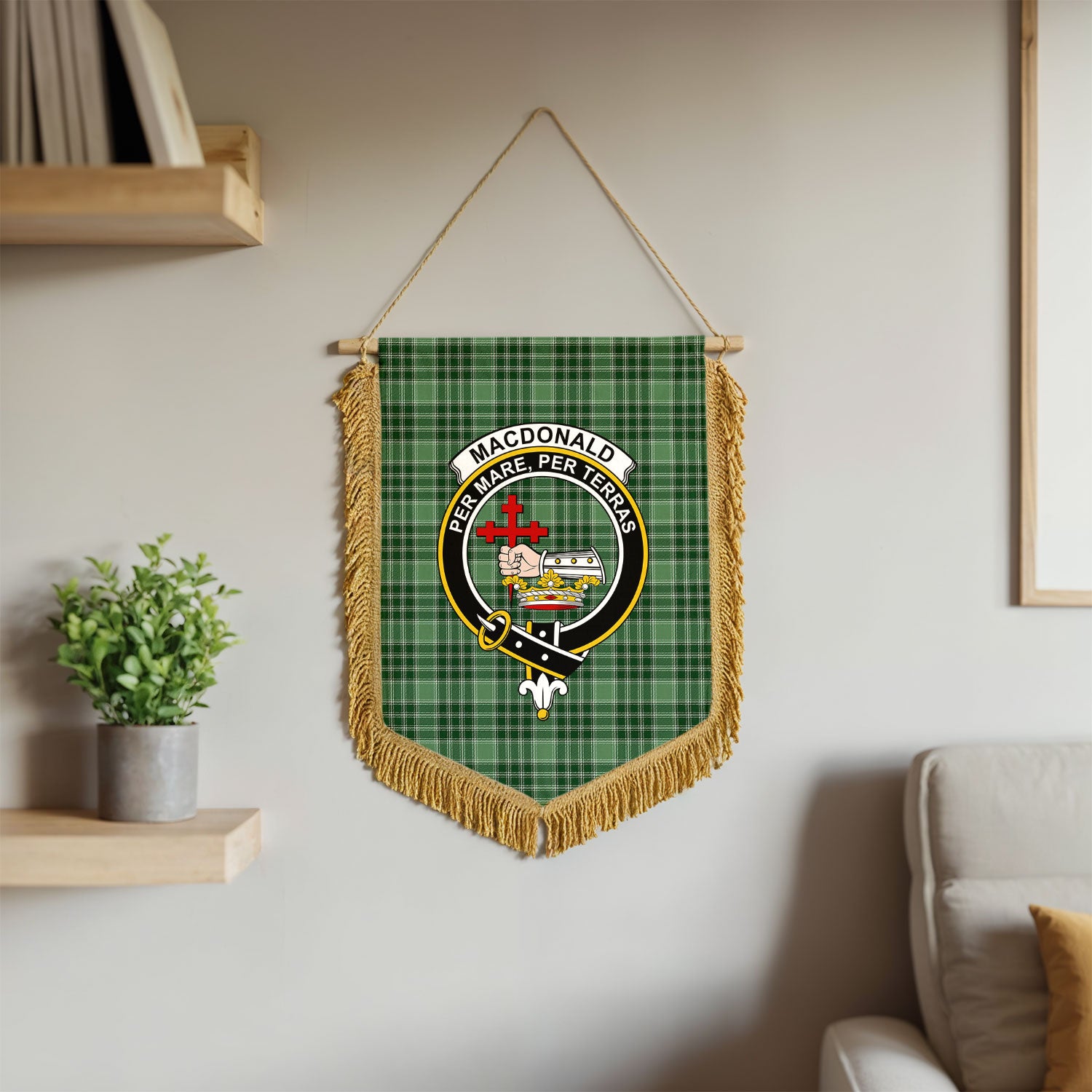 MacDonald Lord of the Isles Hunting Tartan Crest Wall Hanging Banner - Wood Pole