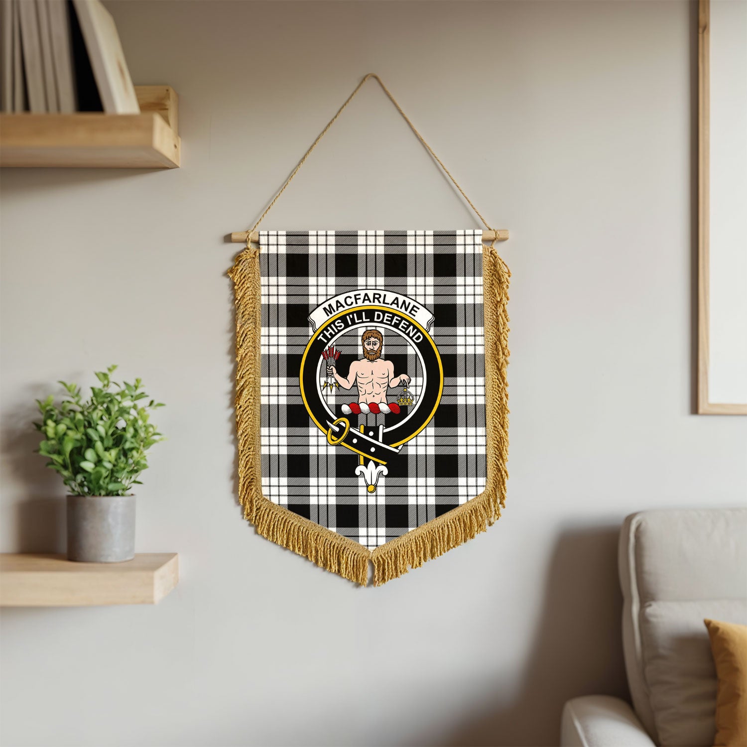 MacFarlane Black - White Tartan Crest Wall Hanging Banner - Wood Pole