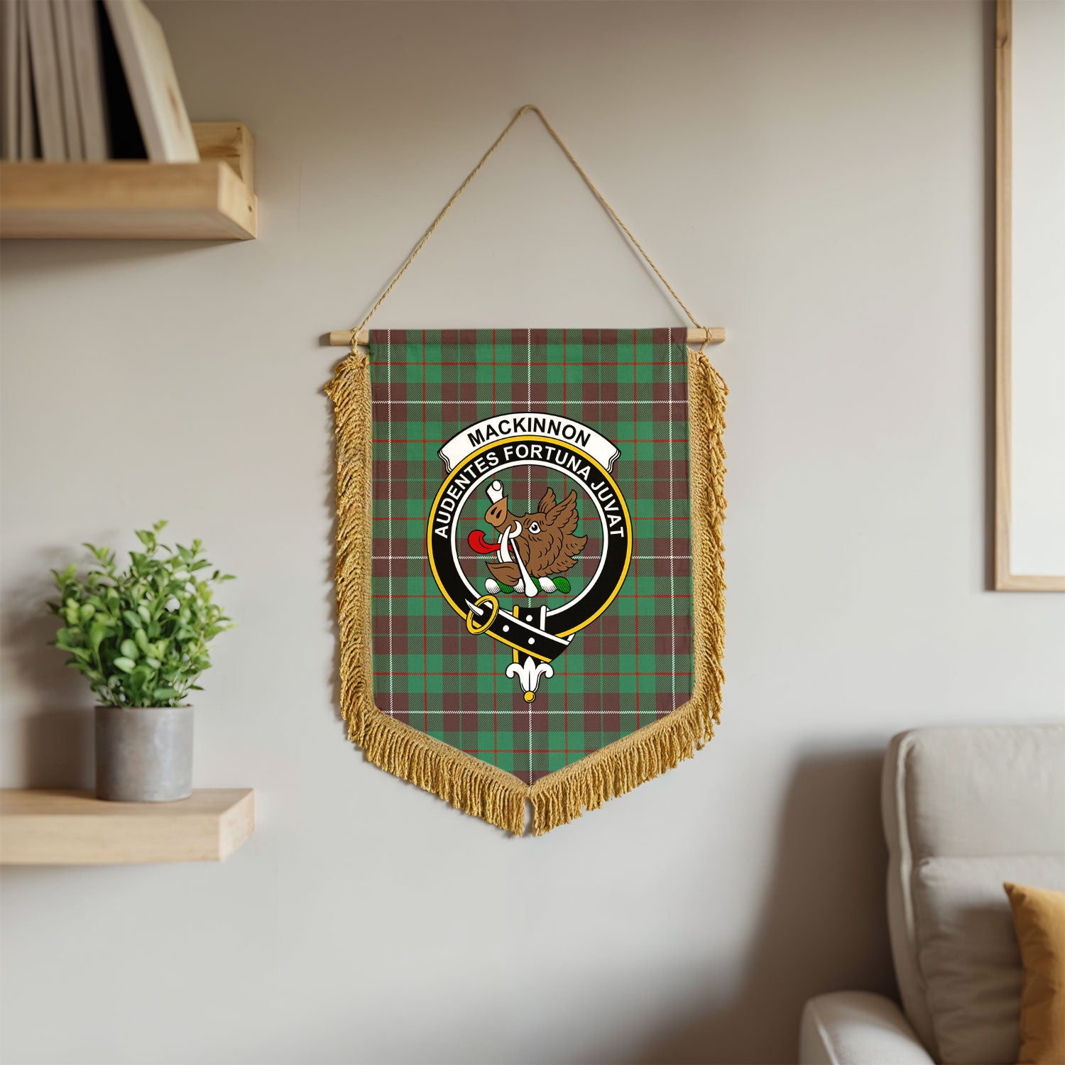 MacKinnon Hunting Ancient Tartan Crest Wall Hanging Banner - Wood Pole