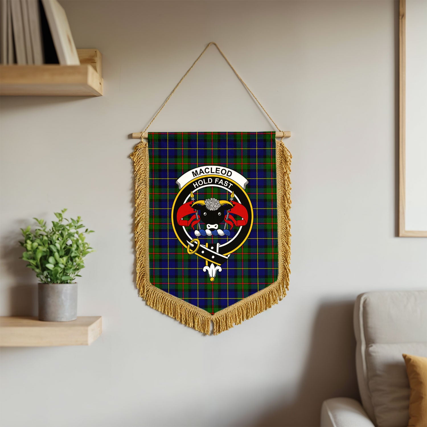 MacLeod of Harris Modern Tartan Crest Wall Hanging Banner - Wood Pole