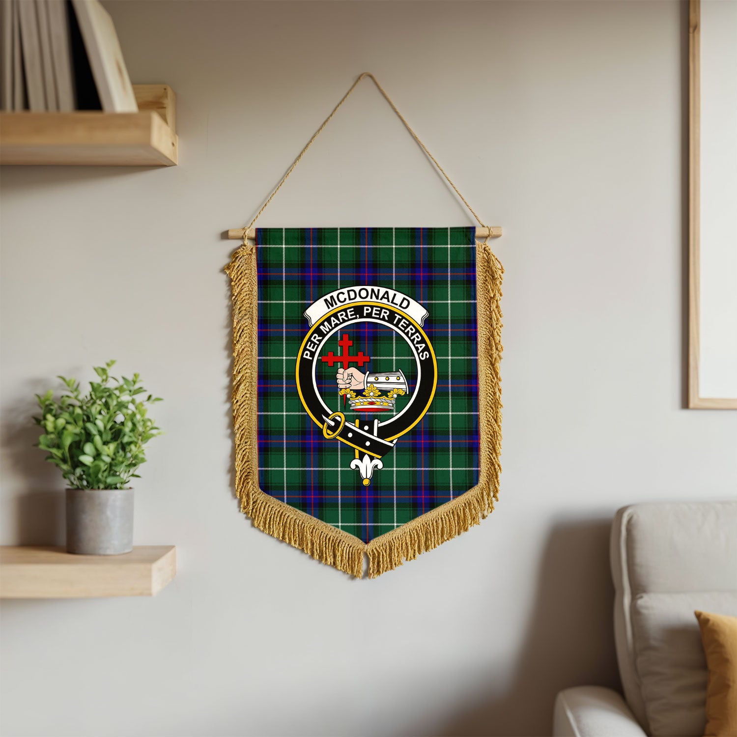McDonald of the Isles Hunting Modern Tartan Crest Wall Hanging Banner - Wood Pole