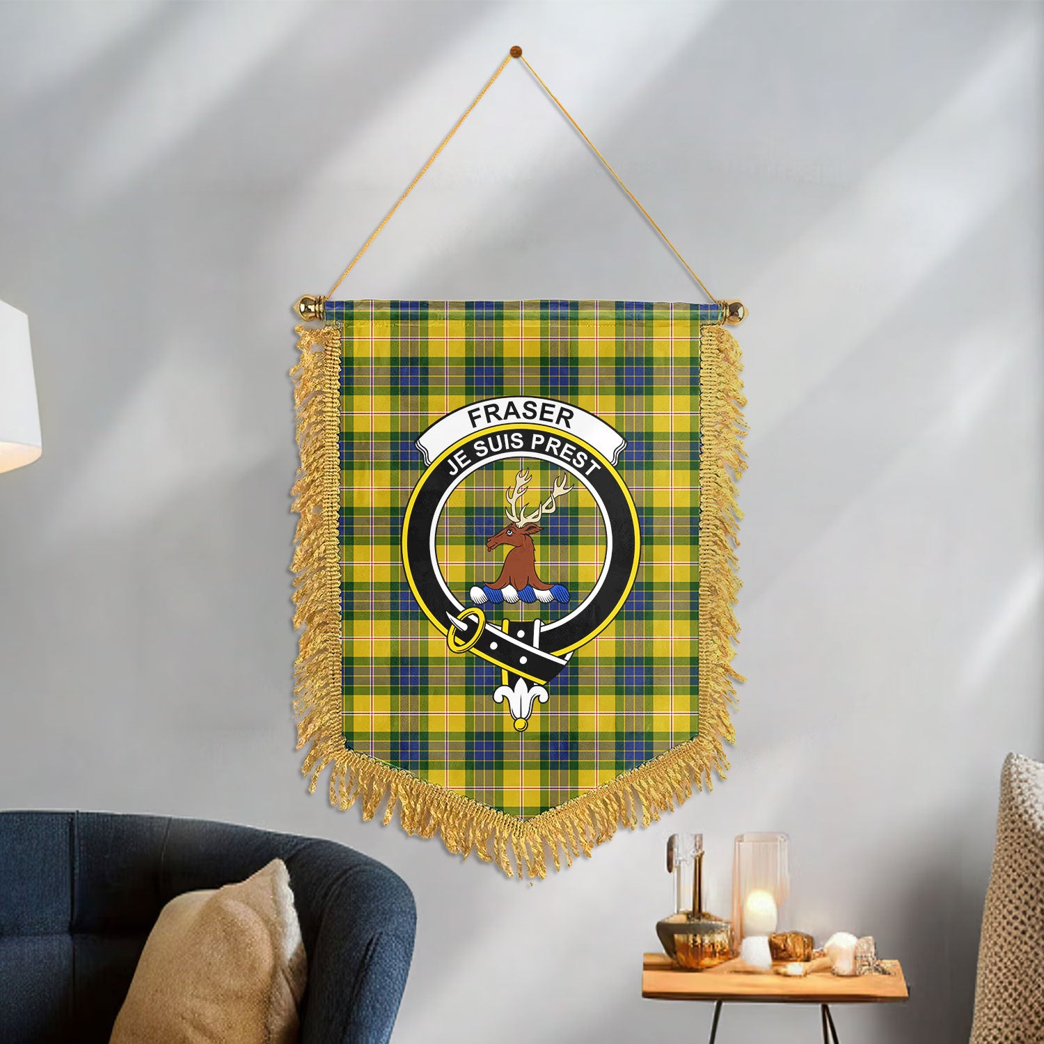 Fraser (of Lovat) Yellow Tartan Crest Wall Hanging Banner