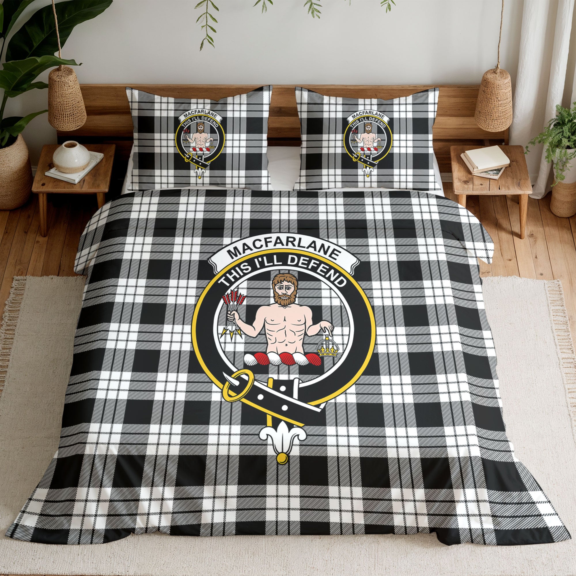 MacFarlane Black - White Tartan Crest Bedding Set