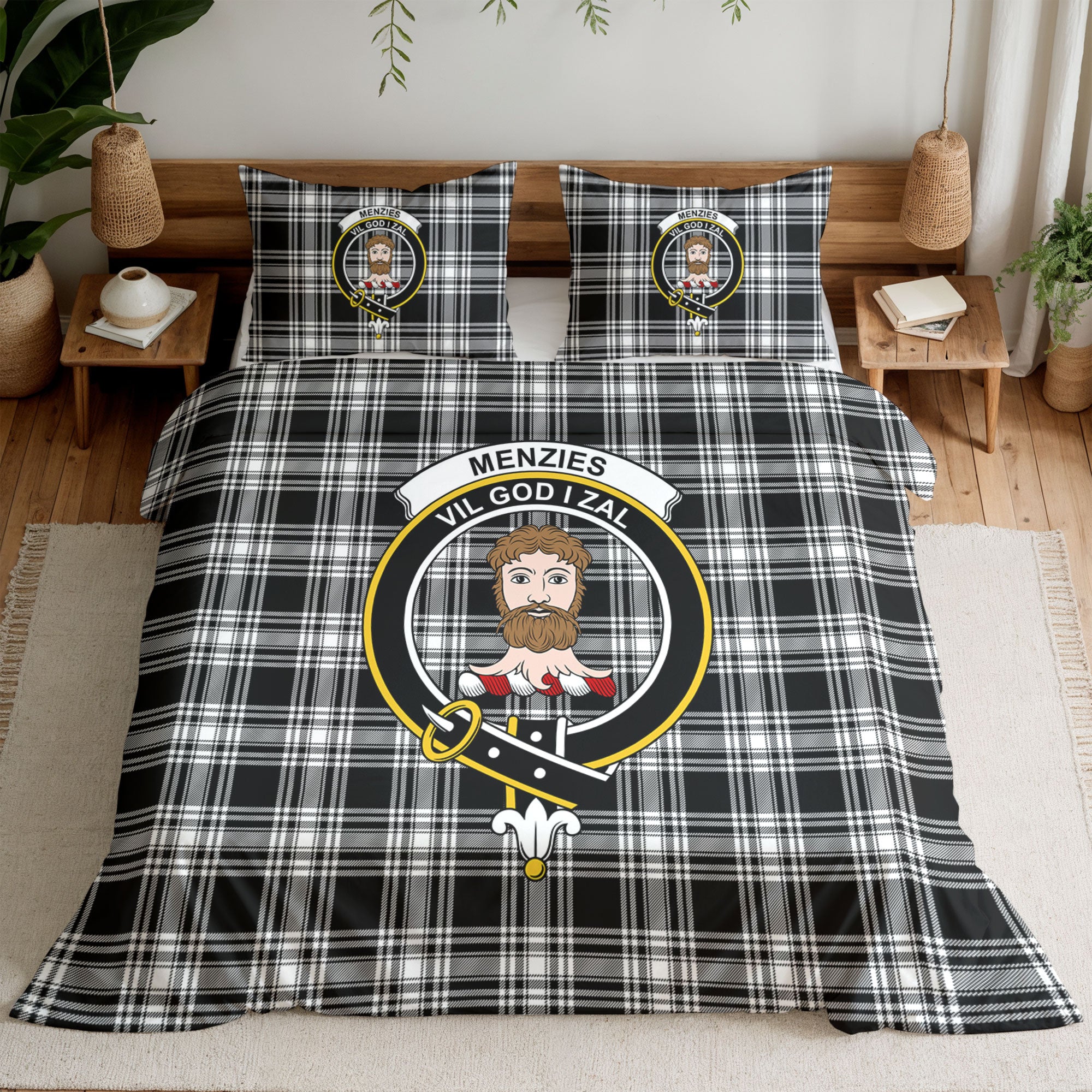 Menzies Black - White Modern Tartan Crest Bedding Set