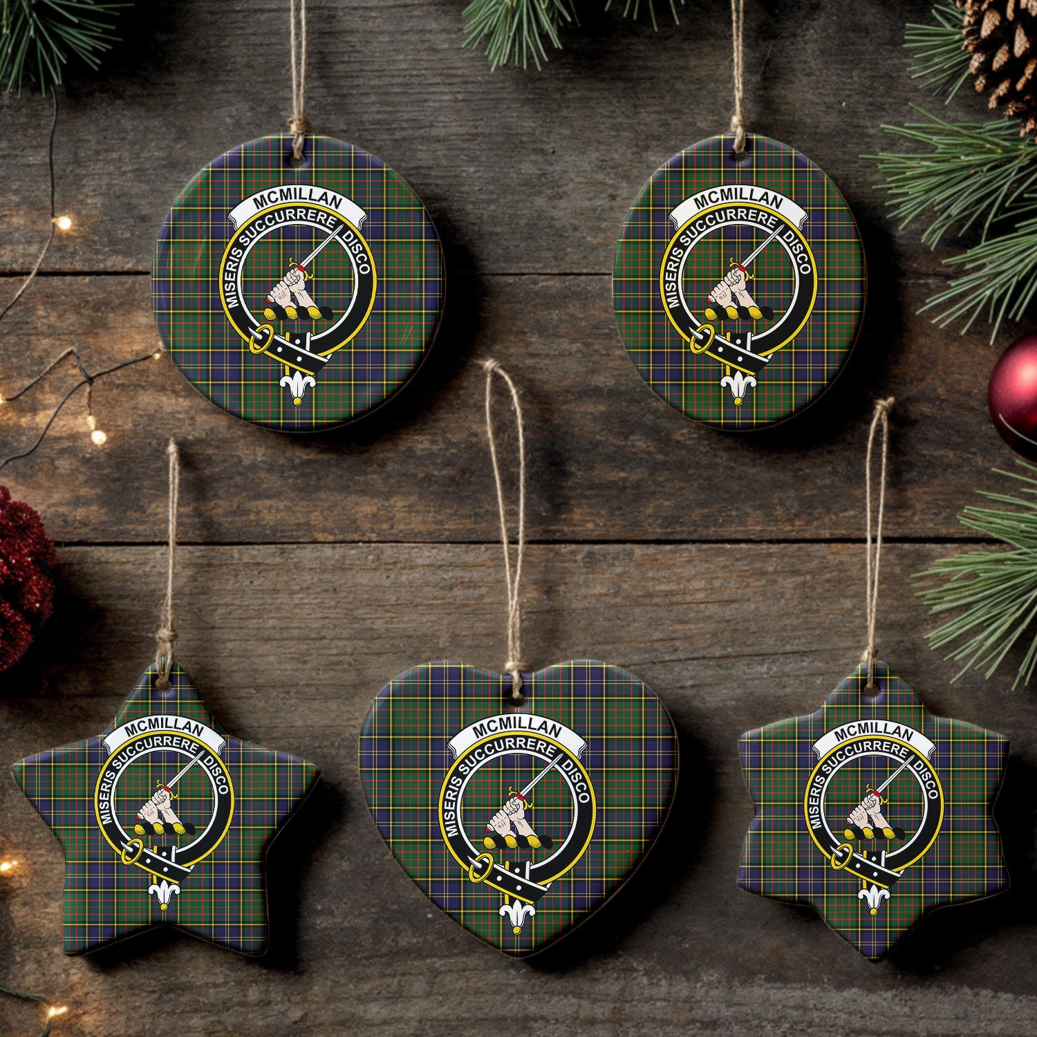 McMillan Hunting Modern Tartan Crest Christmas Ceramic Ornament