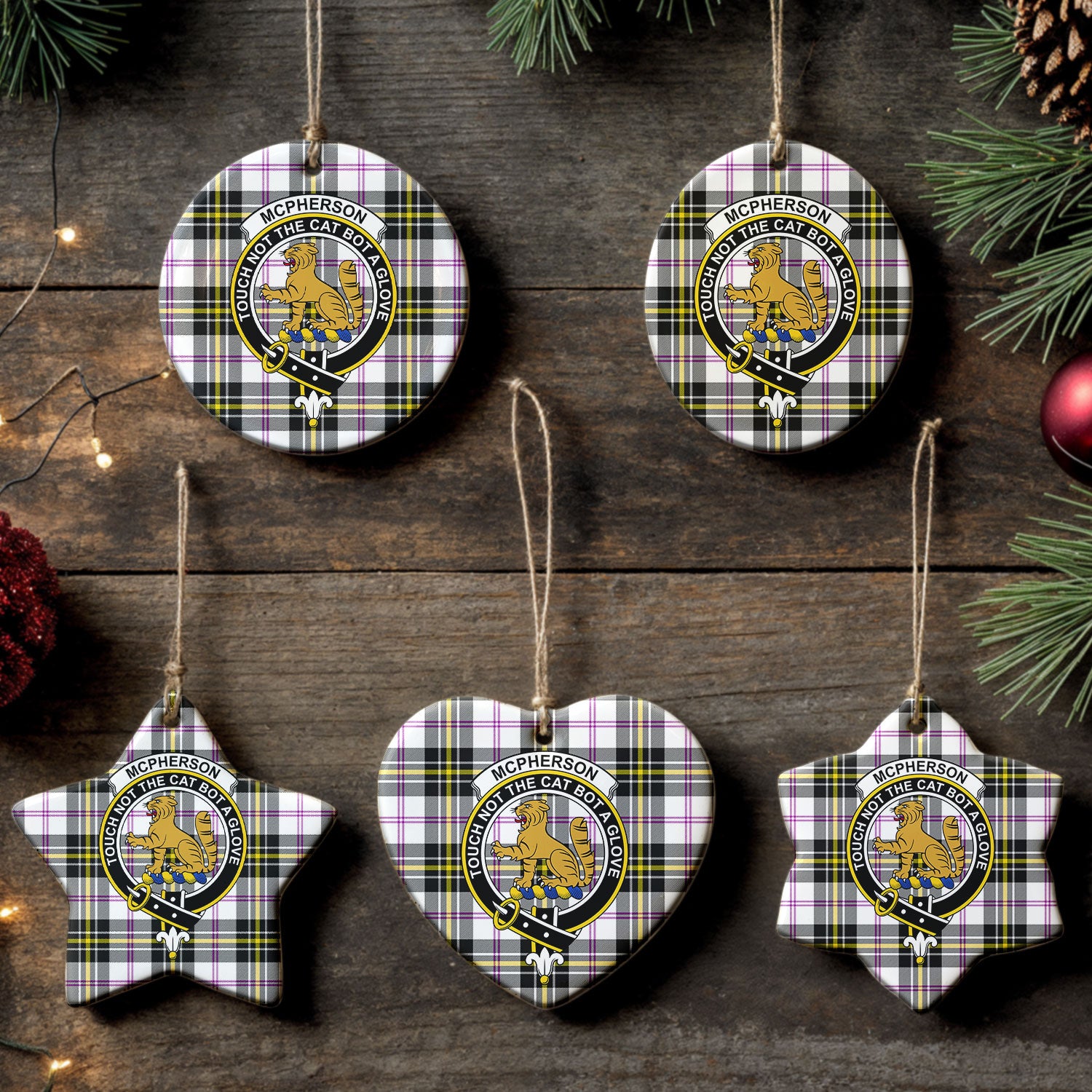 McPherson Dress Modern Tartan Crest Christmas Ceramic Ornament