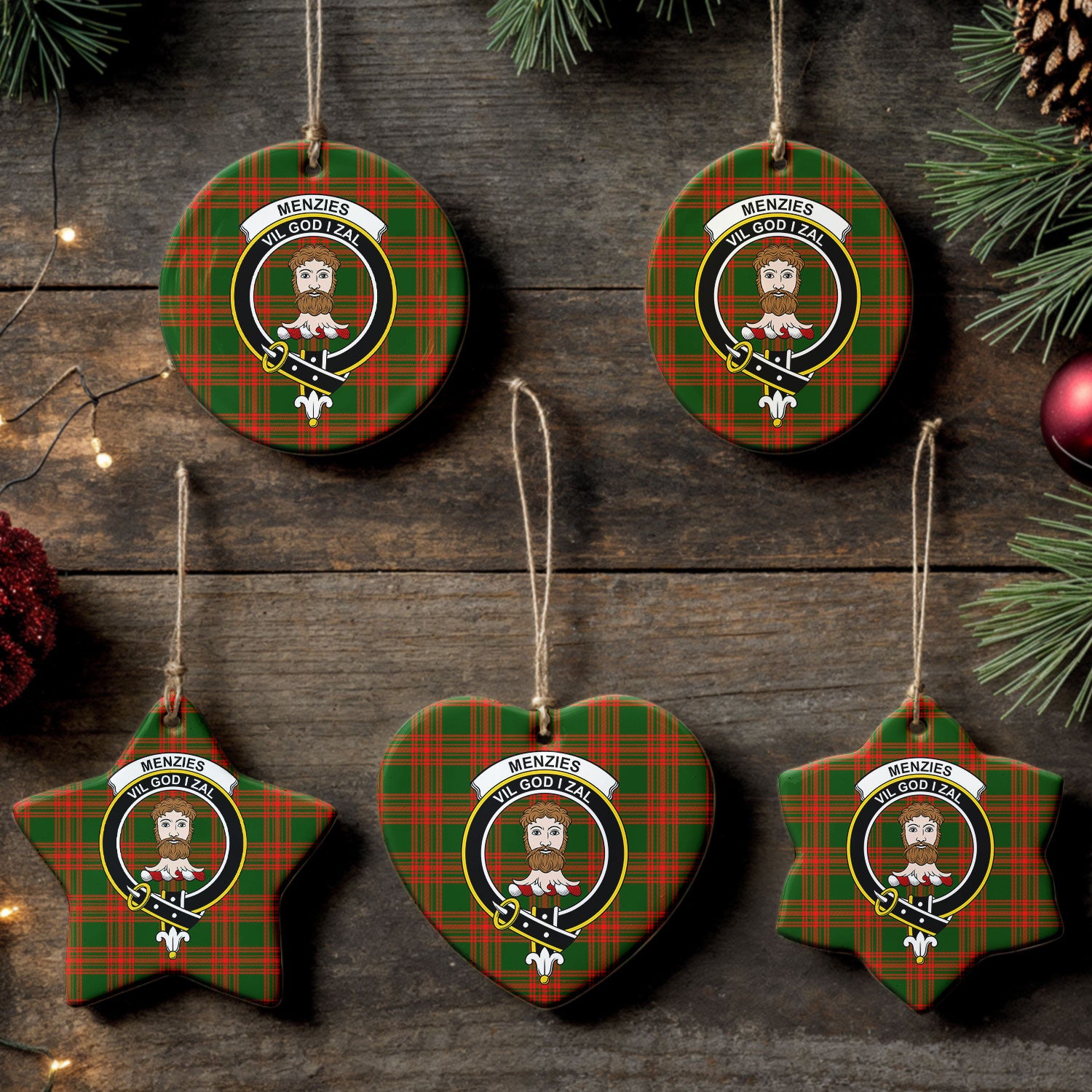 Menzies Green Modern Tartan Crest Christmas Ceramic Ornament