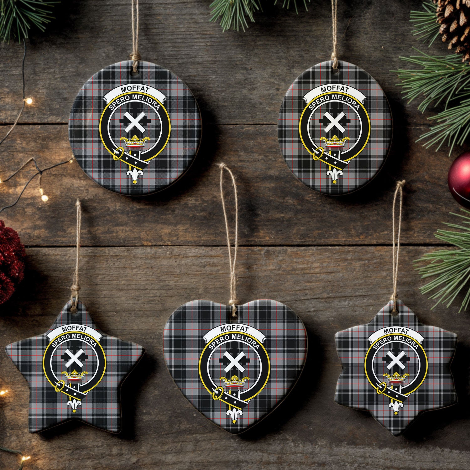 Moffat Modern Tartan Crest Christmas Ceramic Ornament
