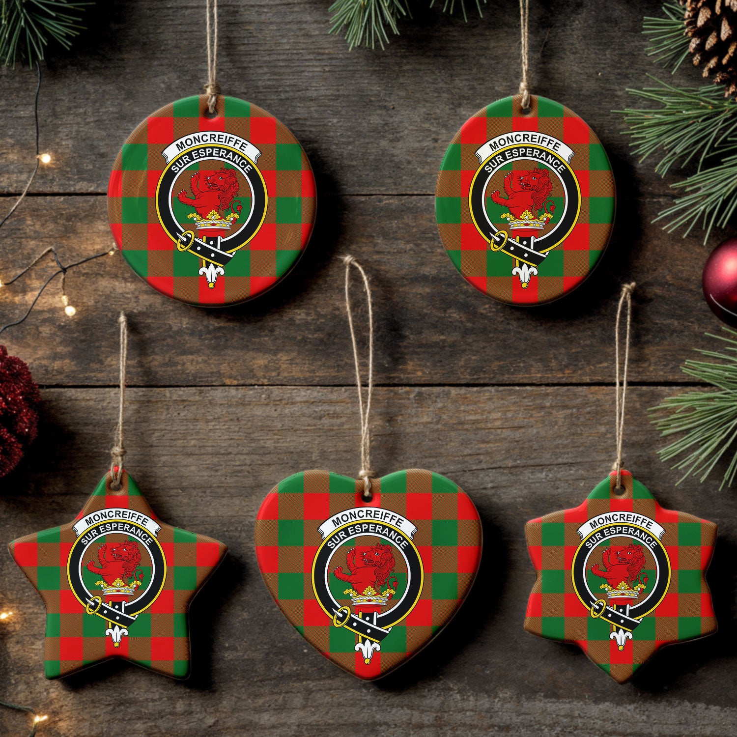 Moncreiffe (or Moncreiff) Tartan Crest Christmas Ceramic Ornament