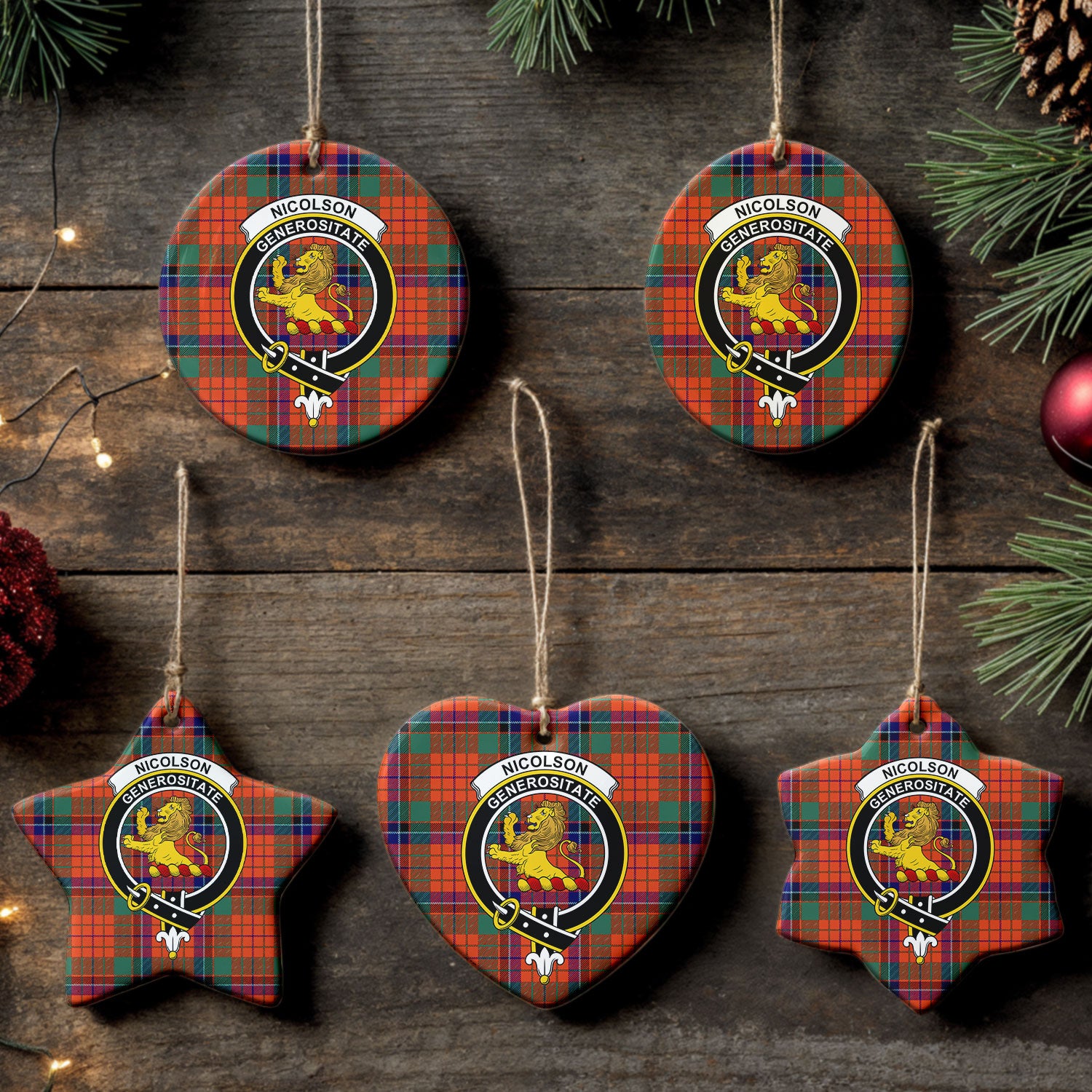 Nicolson Ancient Old Tartan Crest Christmas Ceramic Ornament