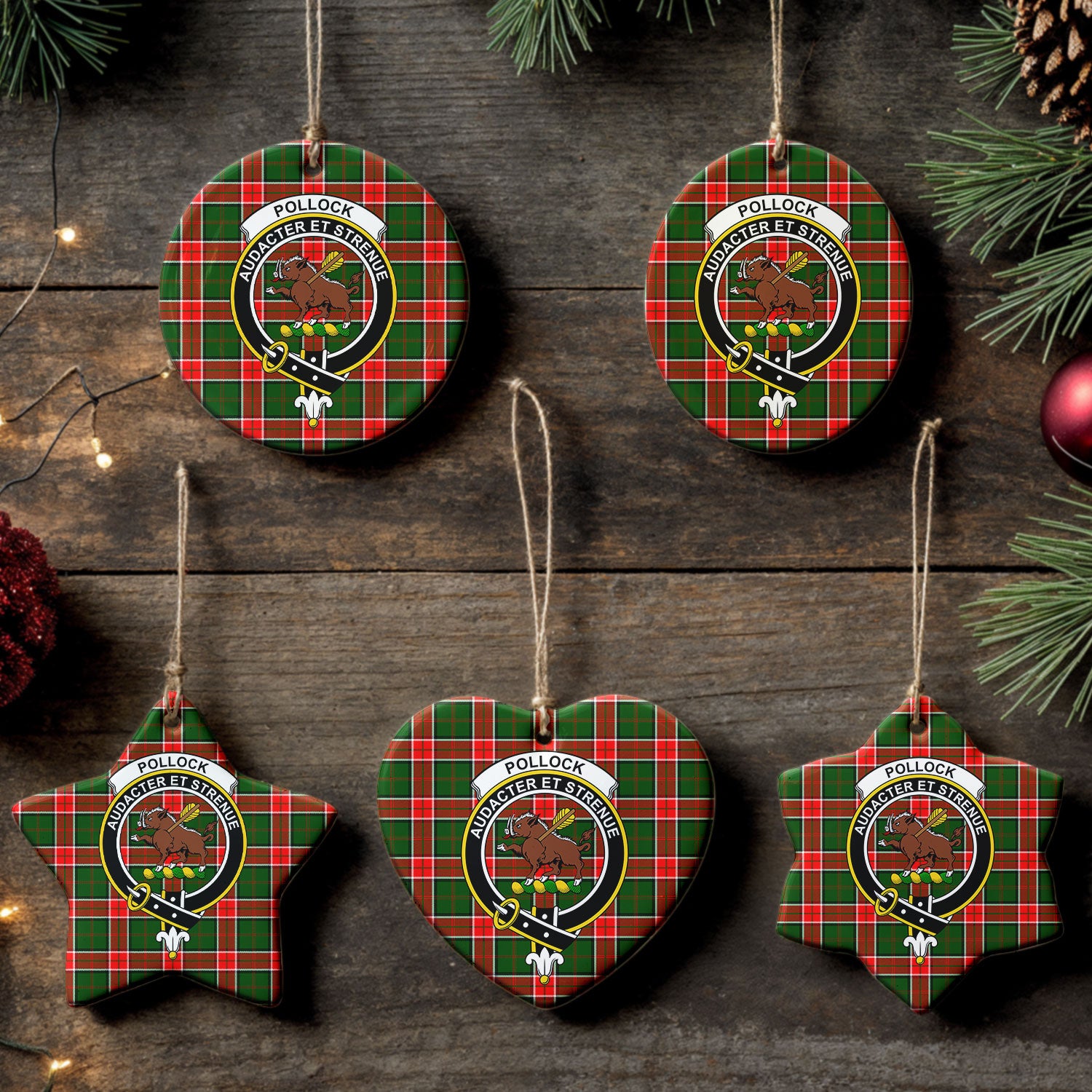 Pollock Tartan Crest Christmas Ceramic Ornament