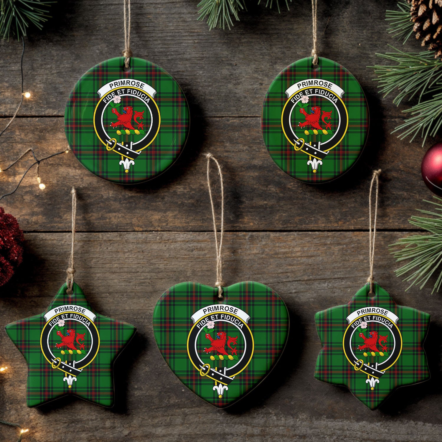 Primrose Tartan Crest Christmas Ceramic Ornament