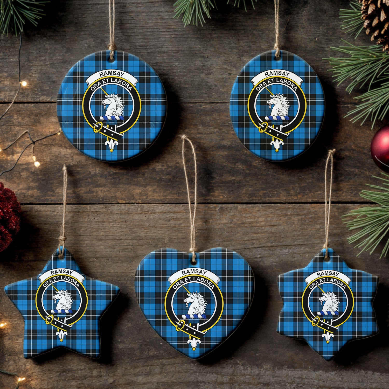 Ramsay Blue Ancient Tartan Crest Christmas Ceramic Ornament