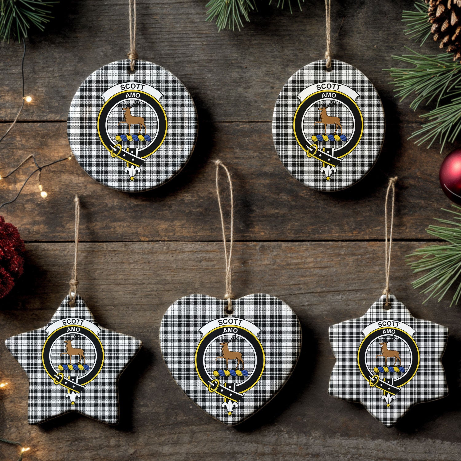 Scott Black & White Modern Tartan Crest Christmas Ceramic Ornament