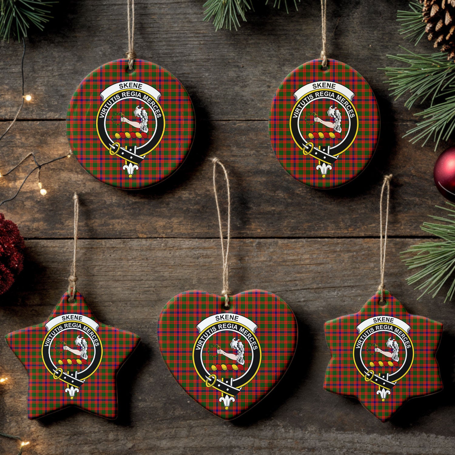 Skene Modern Tartan Crest Christmas Ceramic Ornament