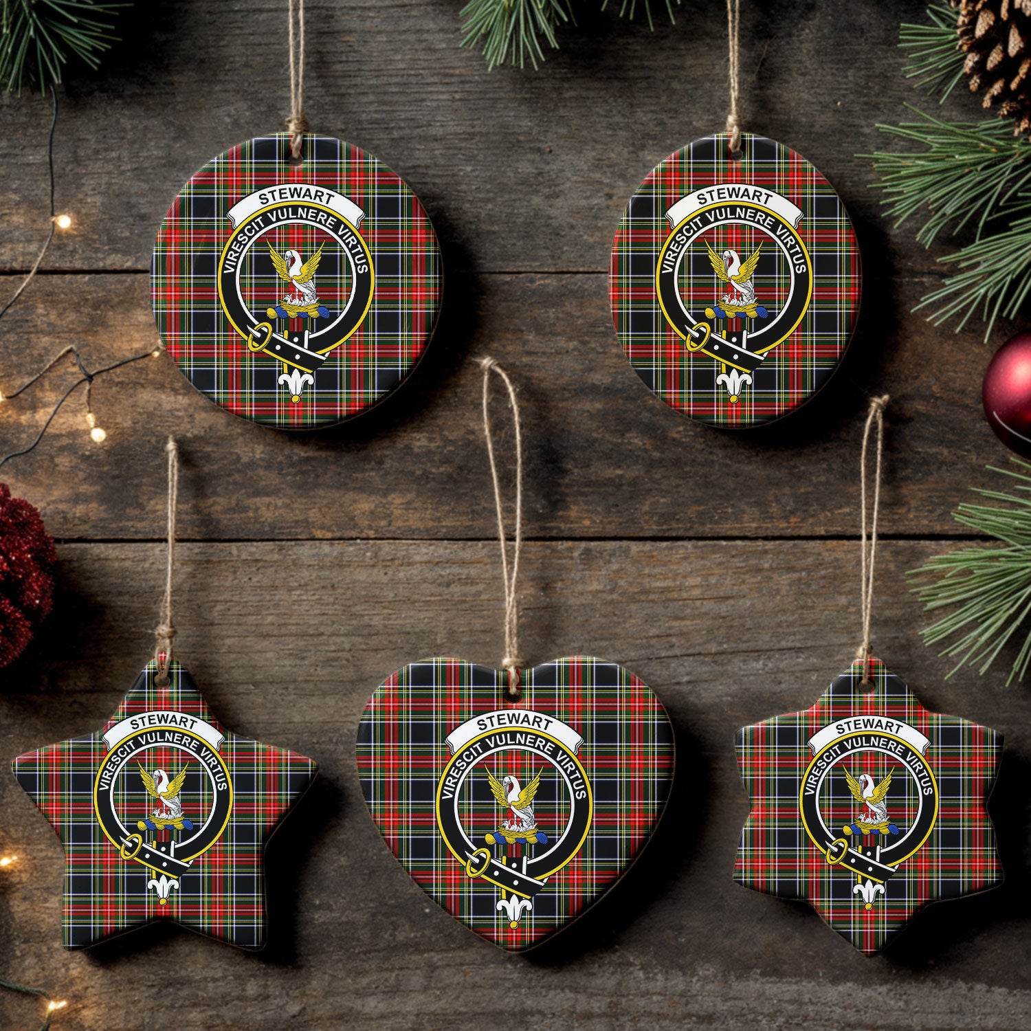 Stewart Black Tartan Crest Christmas Ceramic Ornament