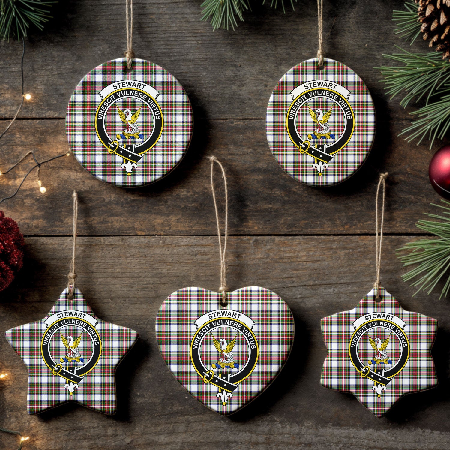 Stewart Dress Modern Tartan Crest Christmas Ceramic Ornament