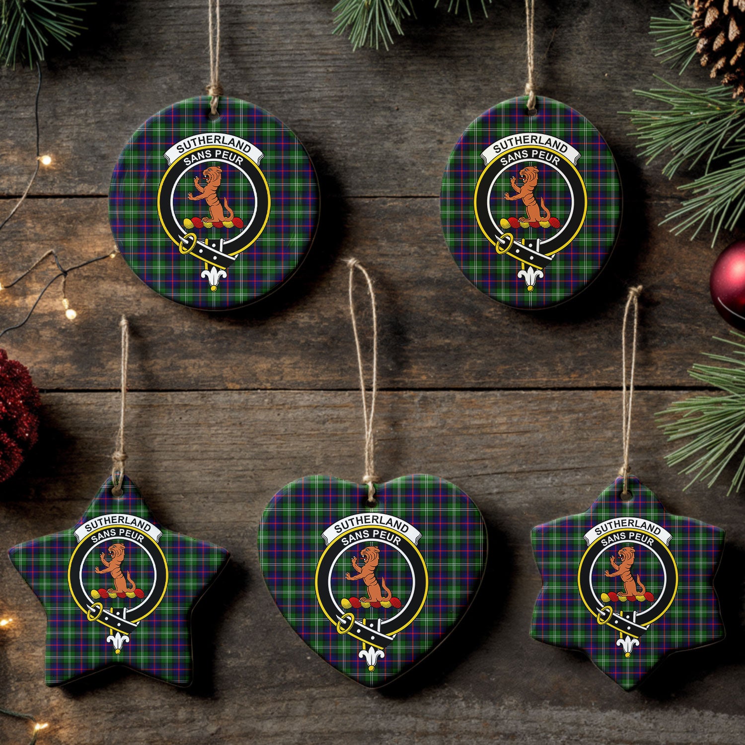 Sutherland Modern Tartan Crest Christmas Ceramic Ornament