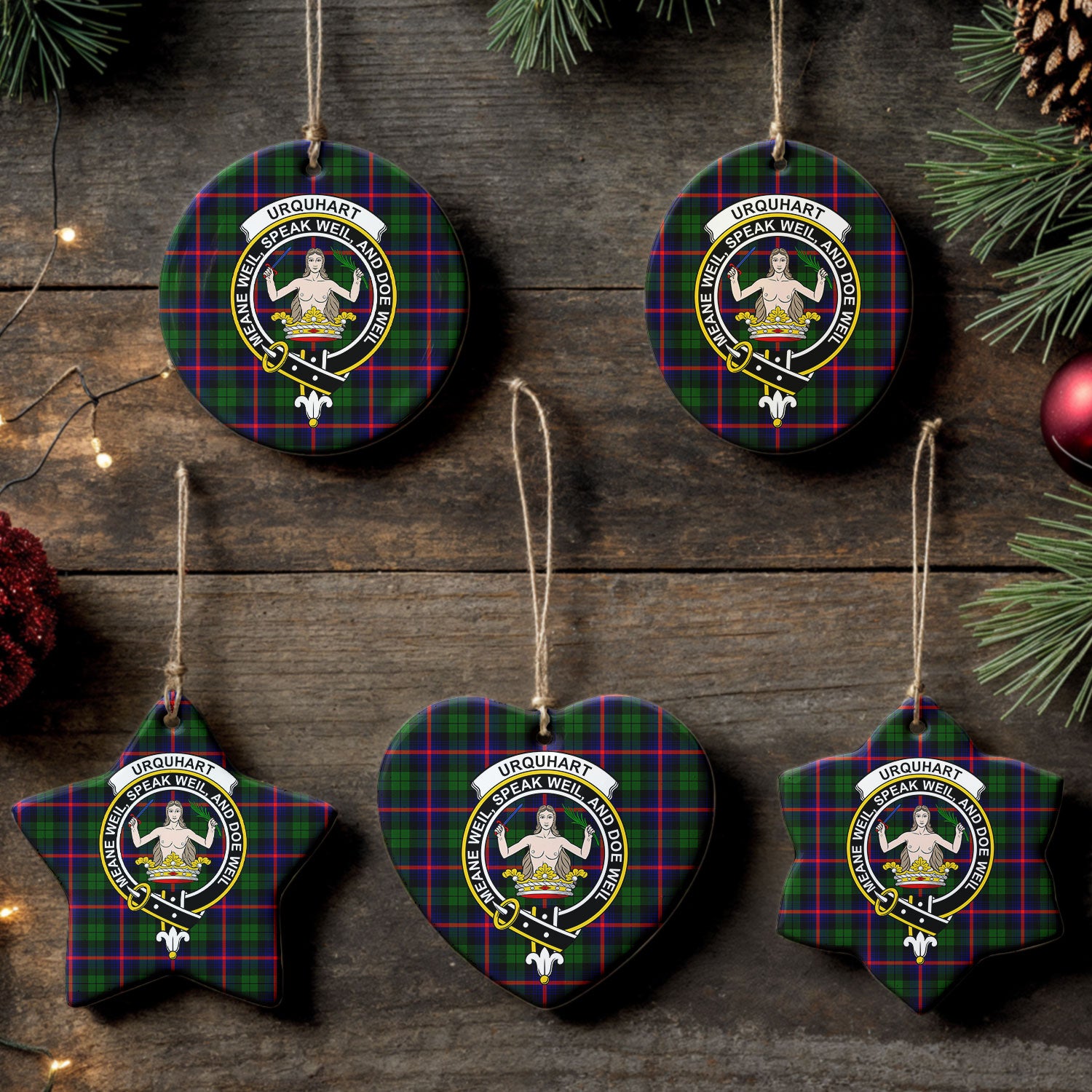 Urquhart Modern Tartan Crest Christmas Ceramic Ornament