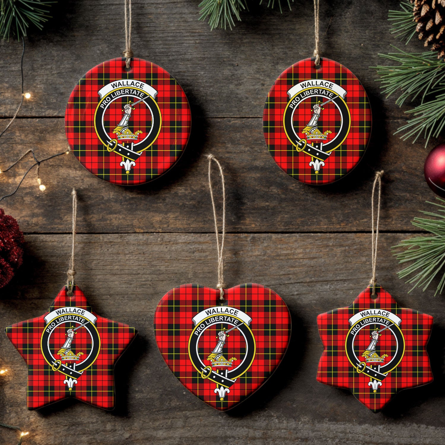 Wallace Hunting Red Tartan Crest Christmas Ceramic Ornament