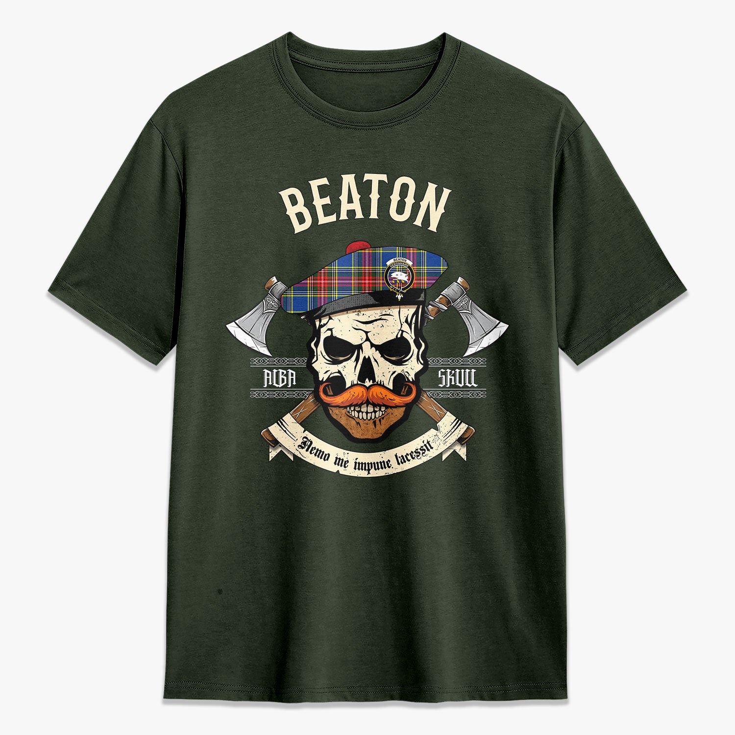 Beaton Modern Tartan Crest 2D T-shirt - Alba Skull Style