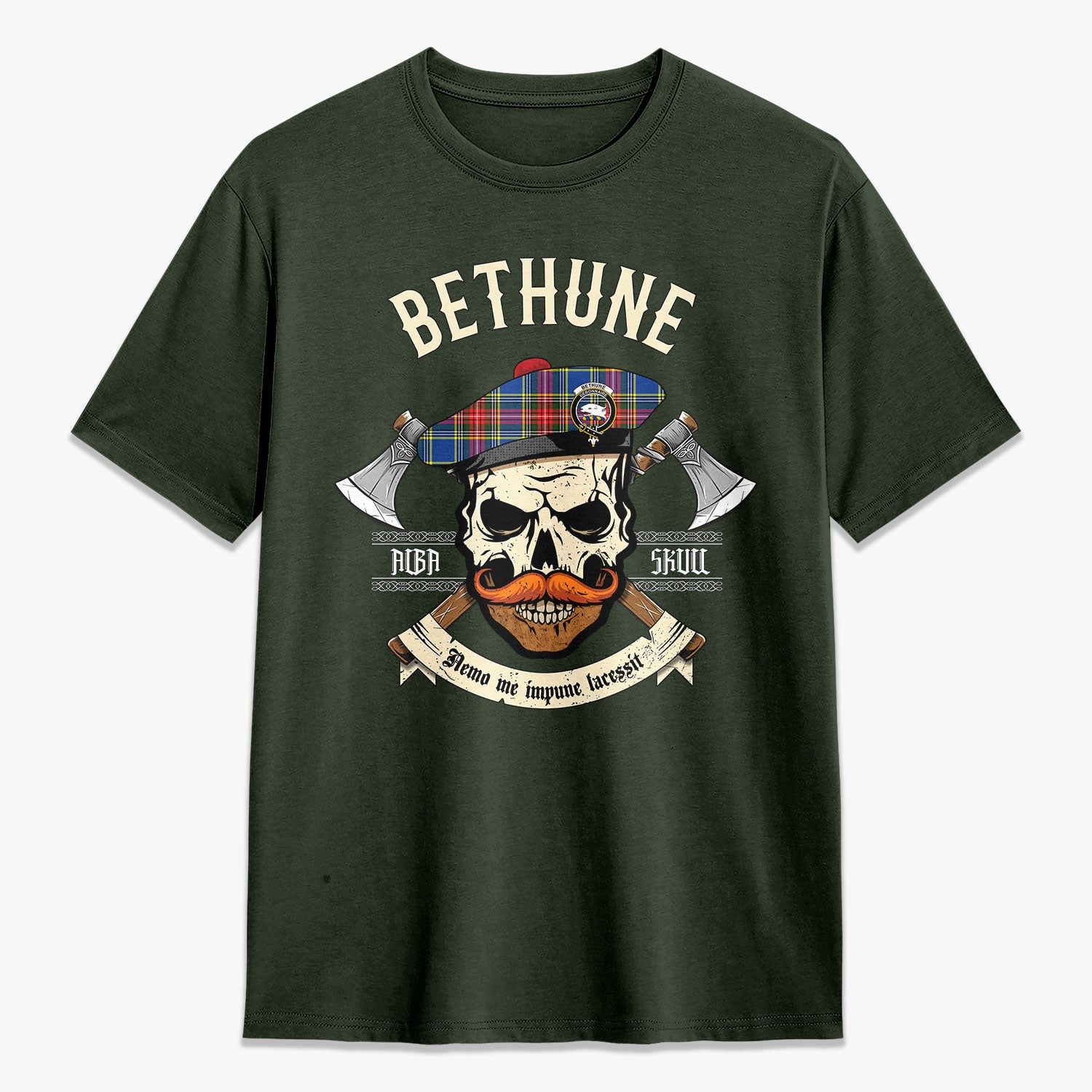 Bethune Modern Tartan Crest 2D T-shirt - Alba Skull Style