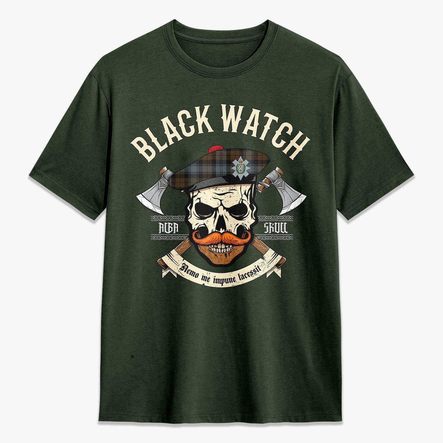 Black Watch Weathered Tartan Crest 2D T-shirt - Alba Skull Style