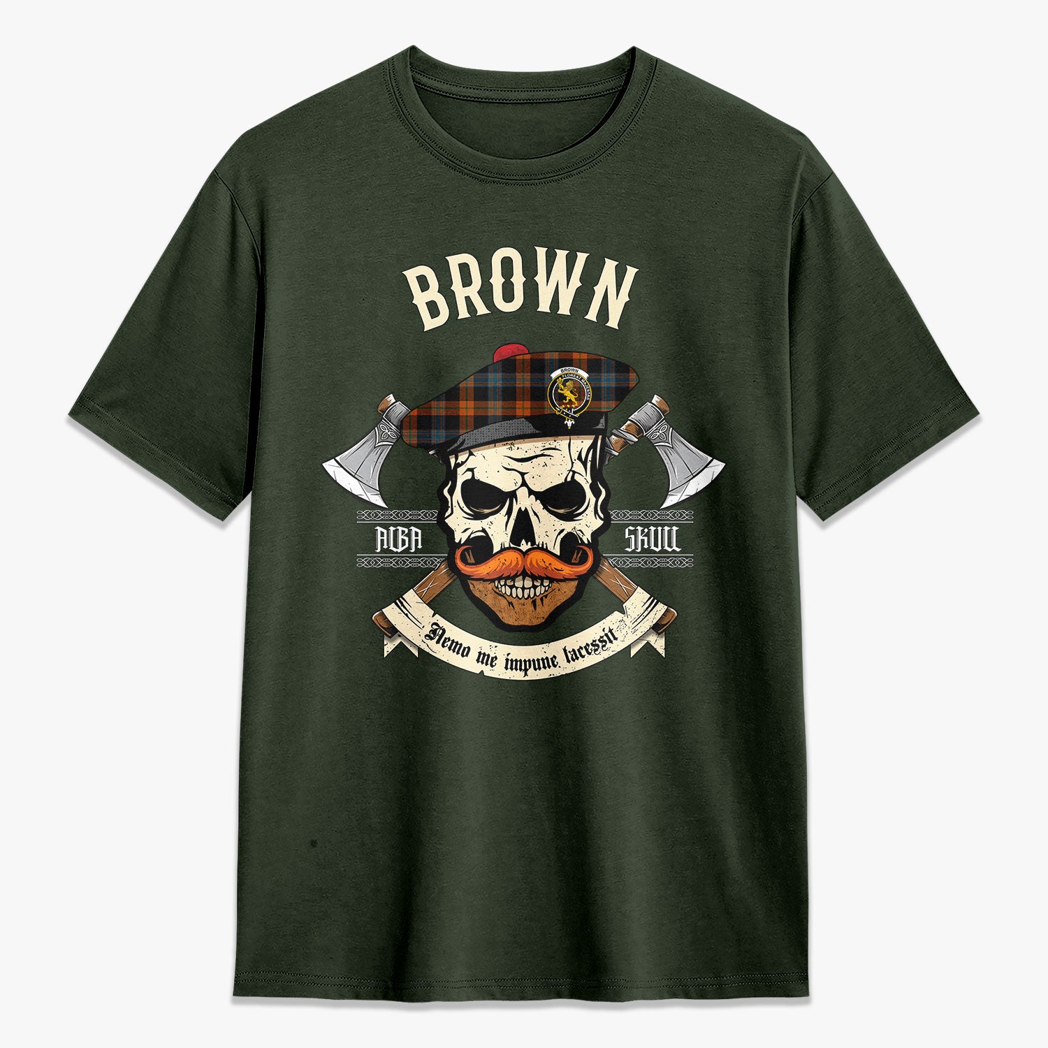 Brown Ancient Tartan Crest 2D T-shirt - Alba Skull Style