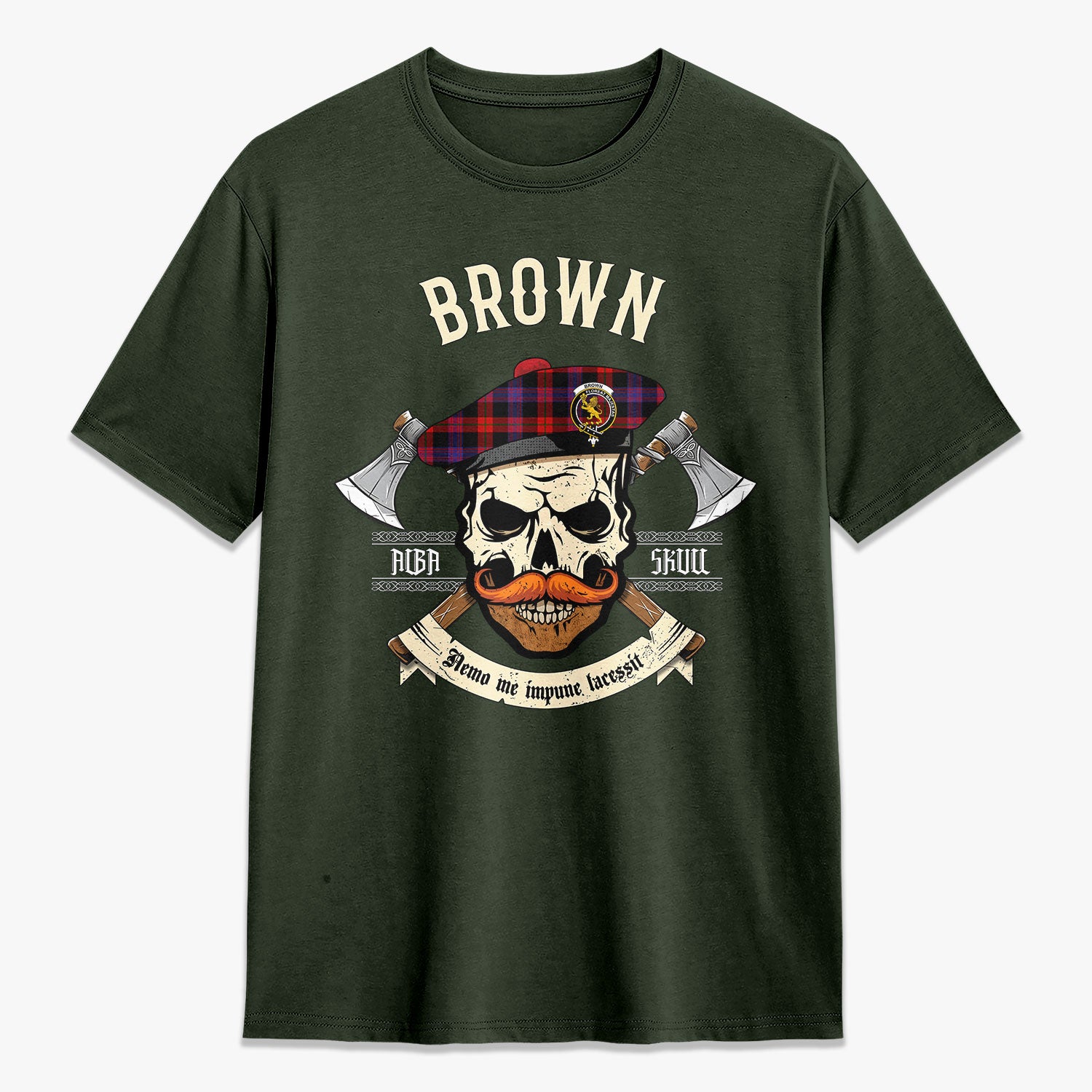 Brown Modern Tartan Crest 2D T-shirt - Alba Skull Style