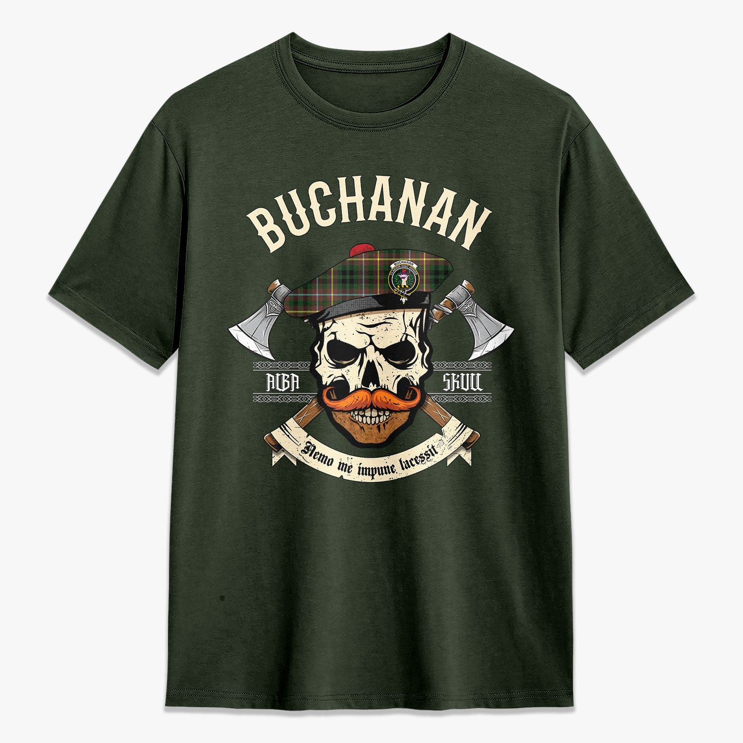 Buchanan Hunting Tartan Crest 2D T-shirt - Alba Skull Style