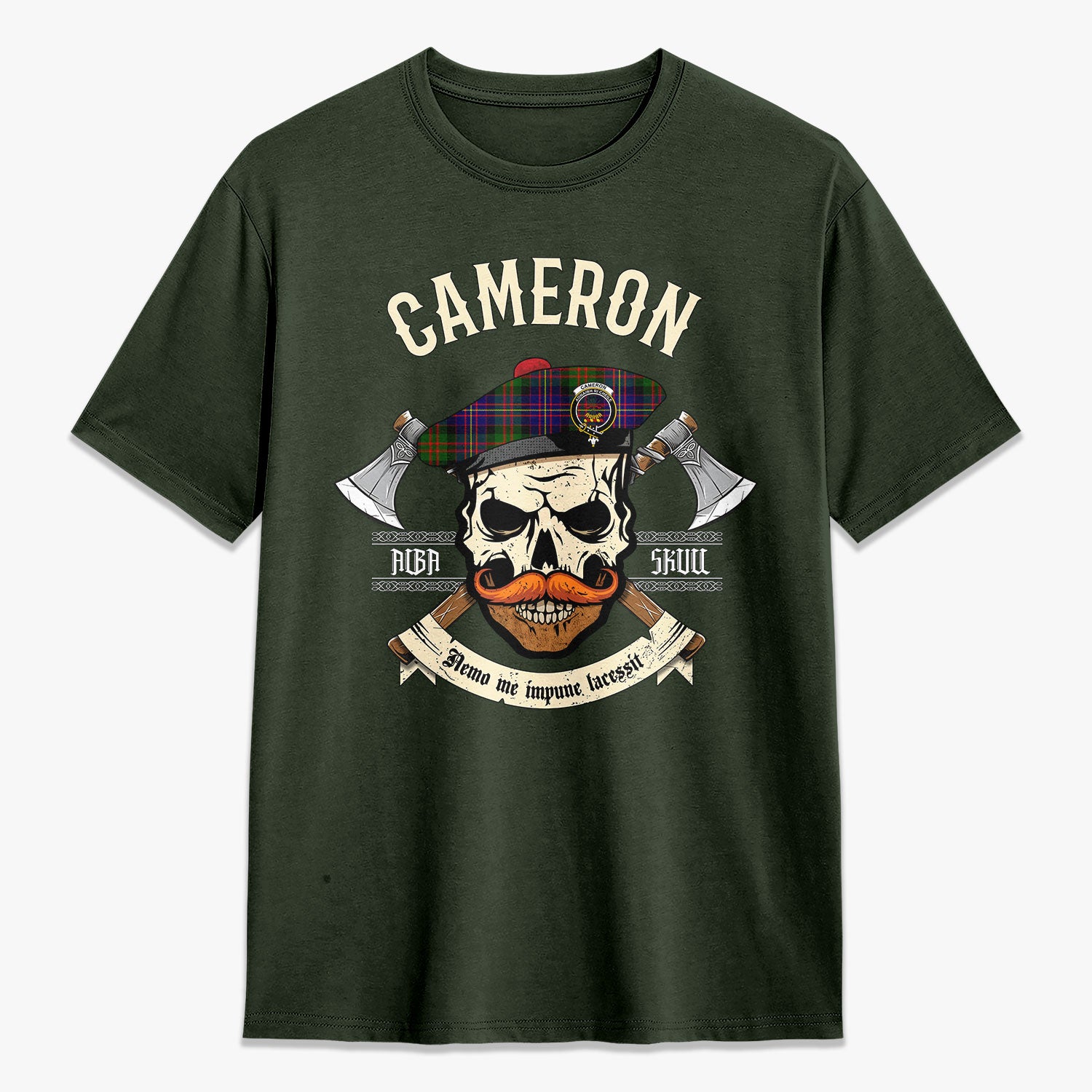 Cameron of Erracht Modern Tartan Crest 2D T-shirt - Alba Skull Style