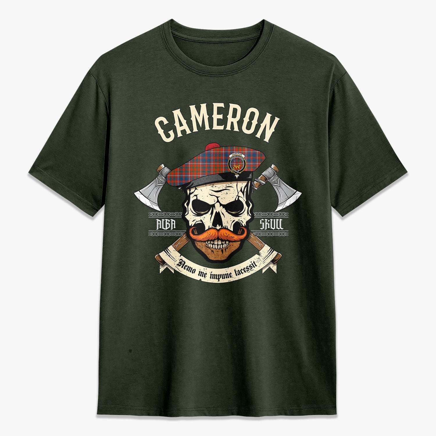 Cameron of Lochiel Ancient Tartan Crest 2D T-shirt - Alba Skull Style