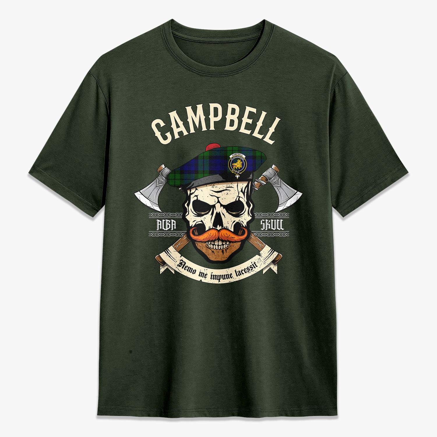 Campbell Modern Tartan Crest 2D T-shirt - Alba Skull Style