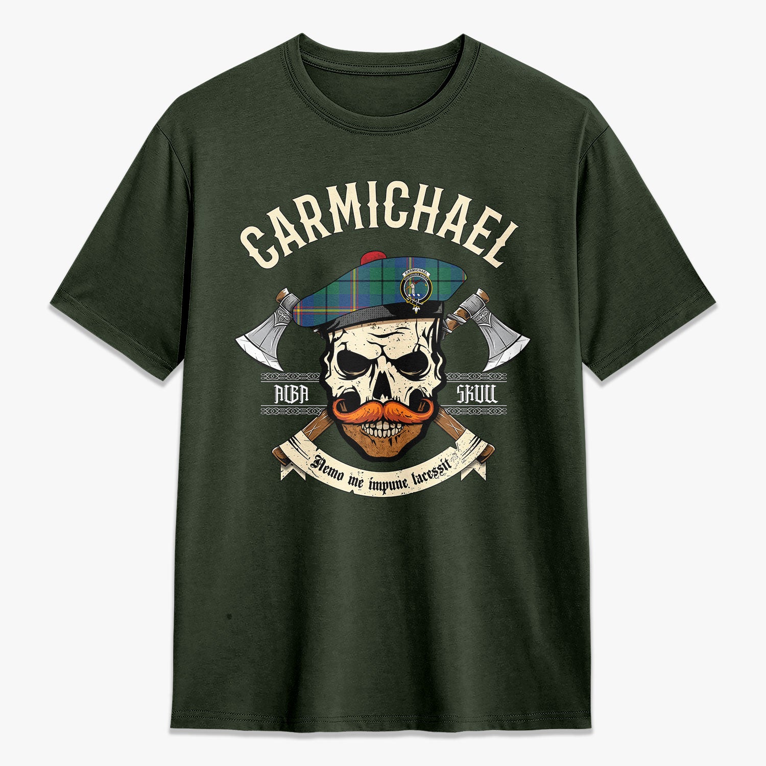 Carmichael Ancient Tartan Crest 2D T-shirt - Alba Skull Style