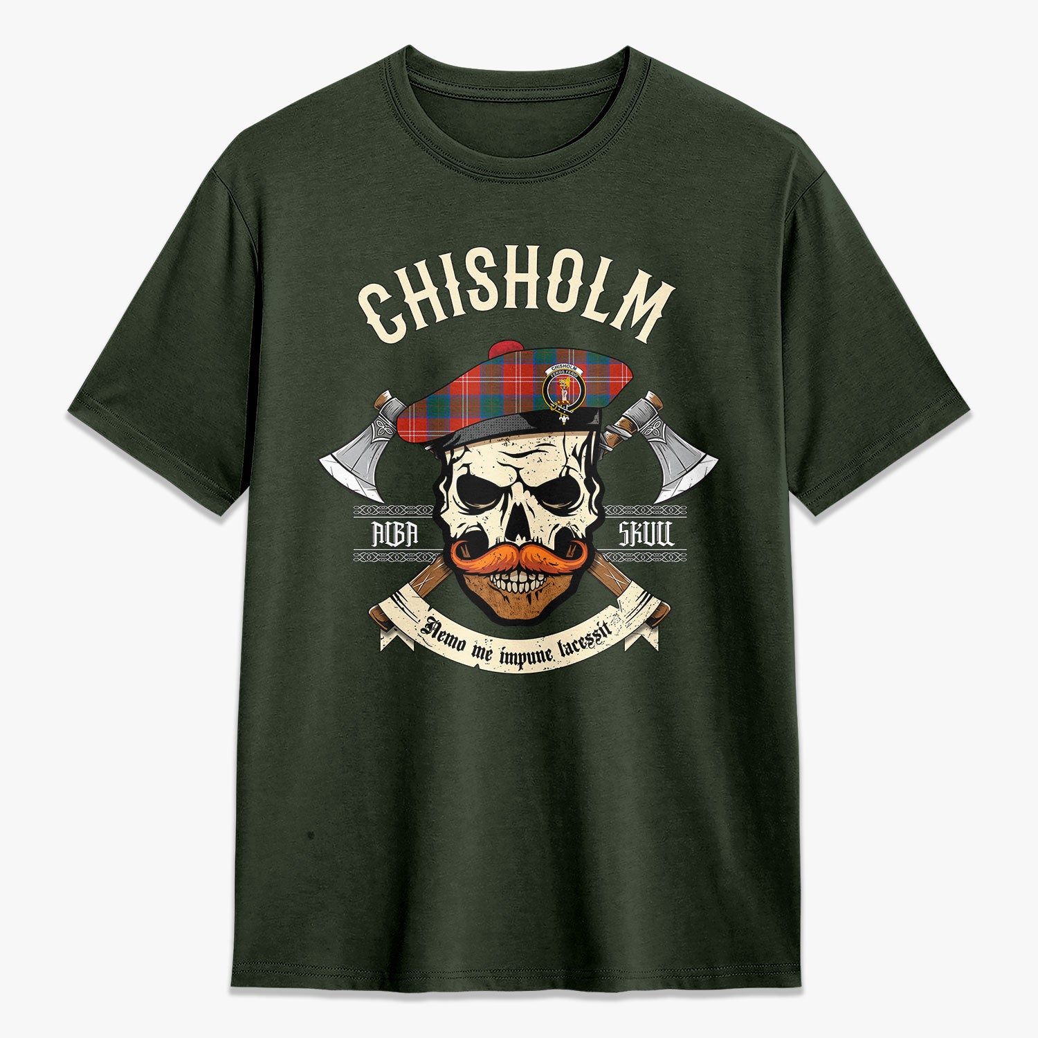 Chisholm Ancient Tartan Crest 2D T-shirt - Alba Skull Style