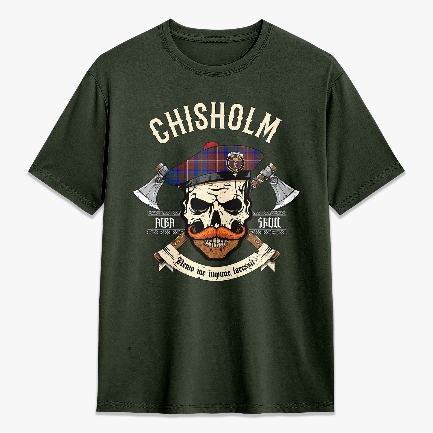 Chisholm Hunting Modern Tartan Crest 2D T-shirt - Alba Skull Style