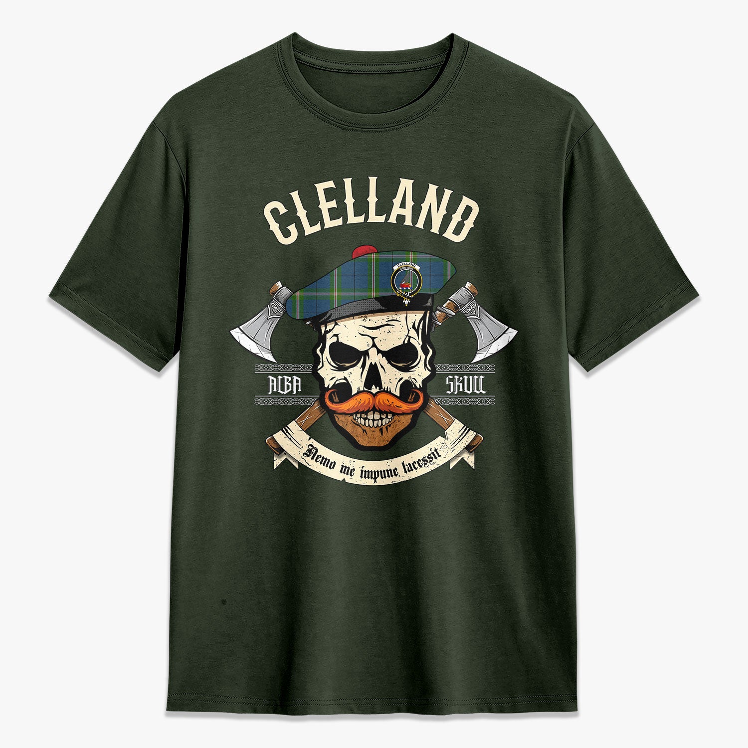 Clelland Tartan Crest 2D T-shirt - Alba Skull Style