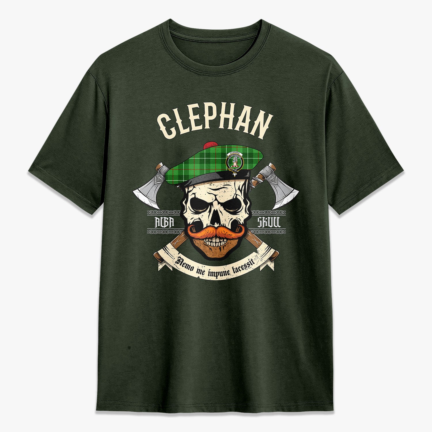 Clephan (or Clephane) Tartan Crest 2D T-shirt - Alba Skull Style