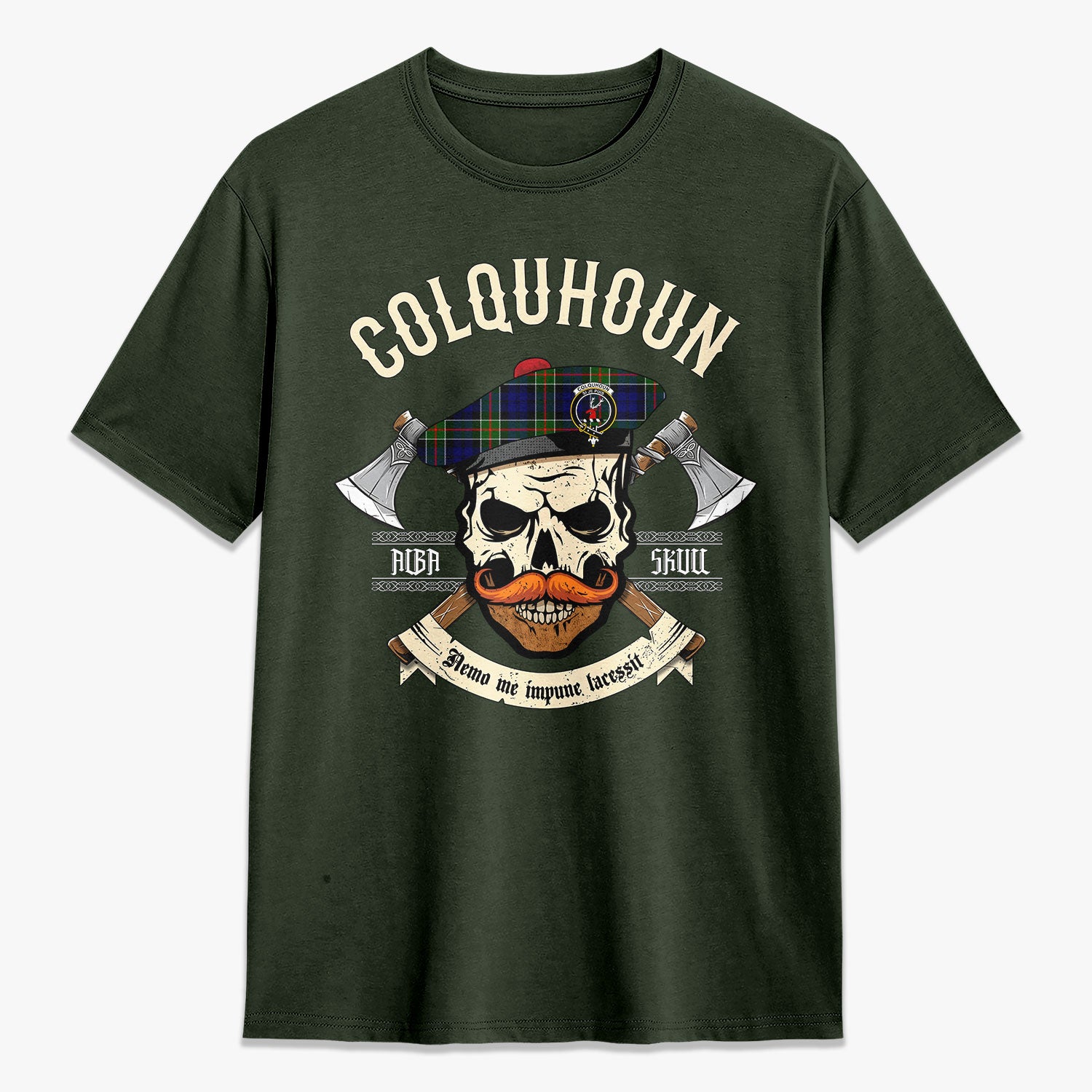 Colquhoun Modern Tartan Crest 2D T-shirt - Alba Skull Style