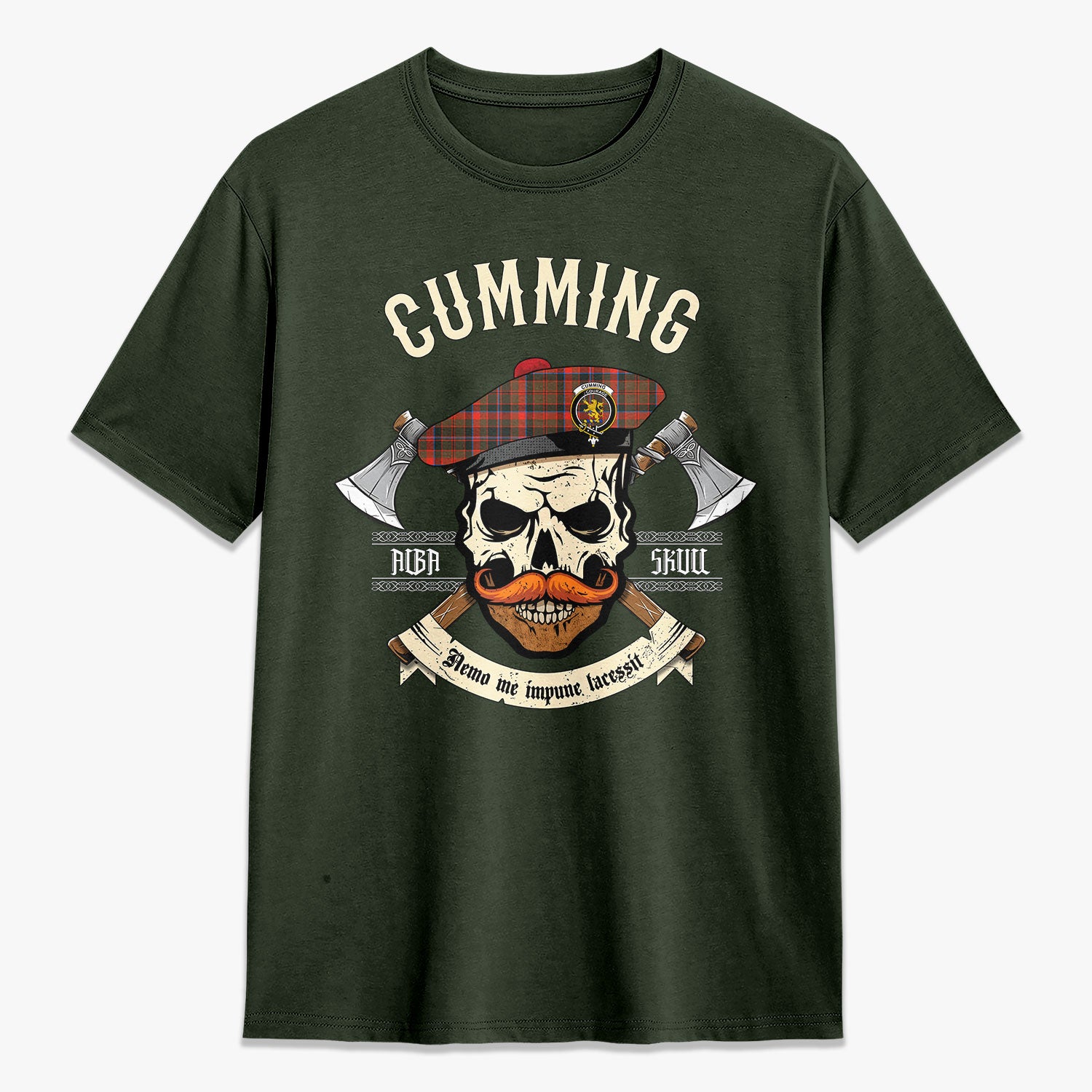 Cumming Hunting Weathered Tartan Crest 2D T-shirt - Alba Skull Style